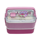 Duodeck 2-Layer Stainless Steel Lunch Box with Handle – Stackable Bento Box – Pink Bloom & Green Football Pixel