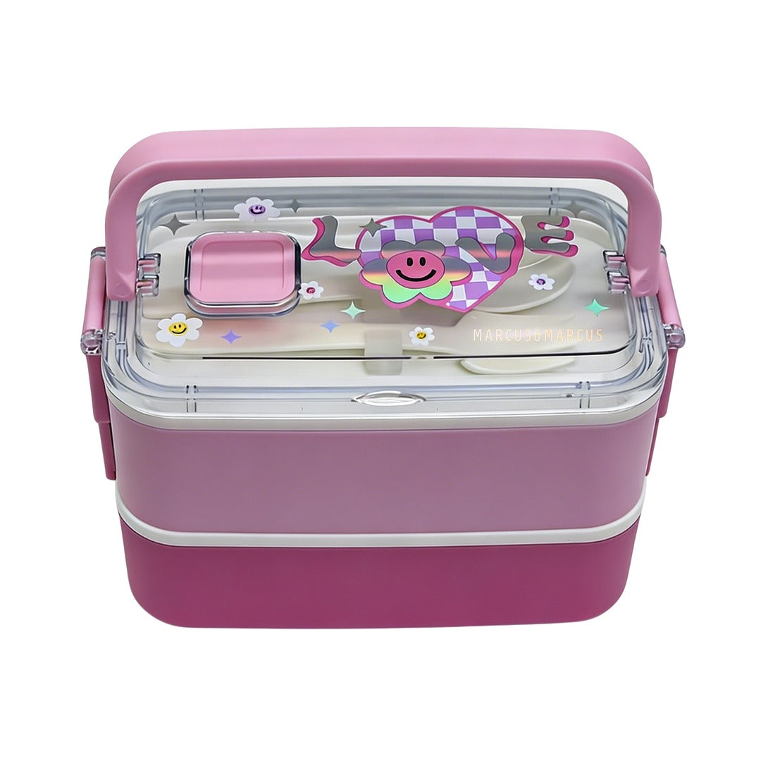 Duodeck 2-Layer Stainless Steel Lunch Box with Handle – Stackable Bento Box – Pink Bloom & Green Football Pixel