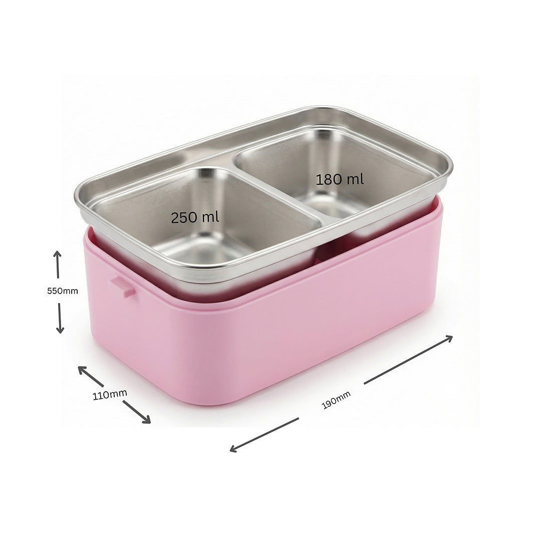 Duodeck 2-Layer Stainless Steel Lunch Box with Handle – Stackable Bento Box – Pink Bloom & Green Football Pixel