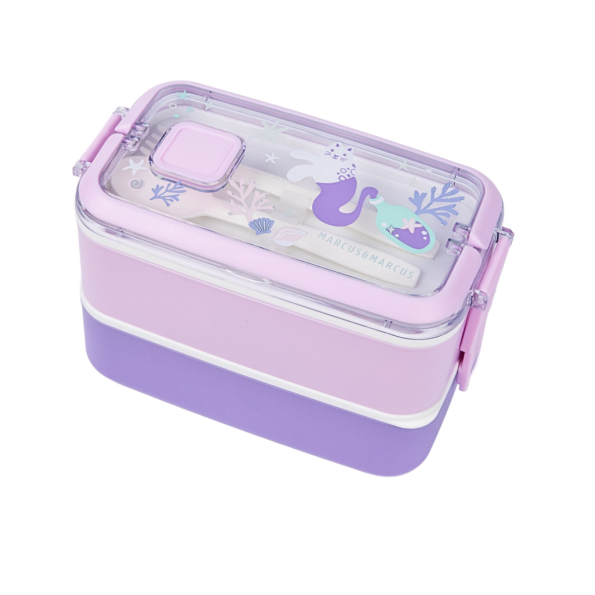 Marcus & Marcus two-tiered lunch box with a pastel pink and purple color scheme, featuring a clear lid decorated with meowmaid.  PP fork and spoon utensil is stored inside.