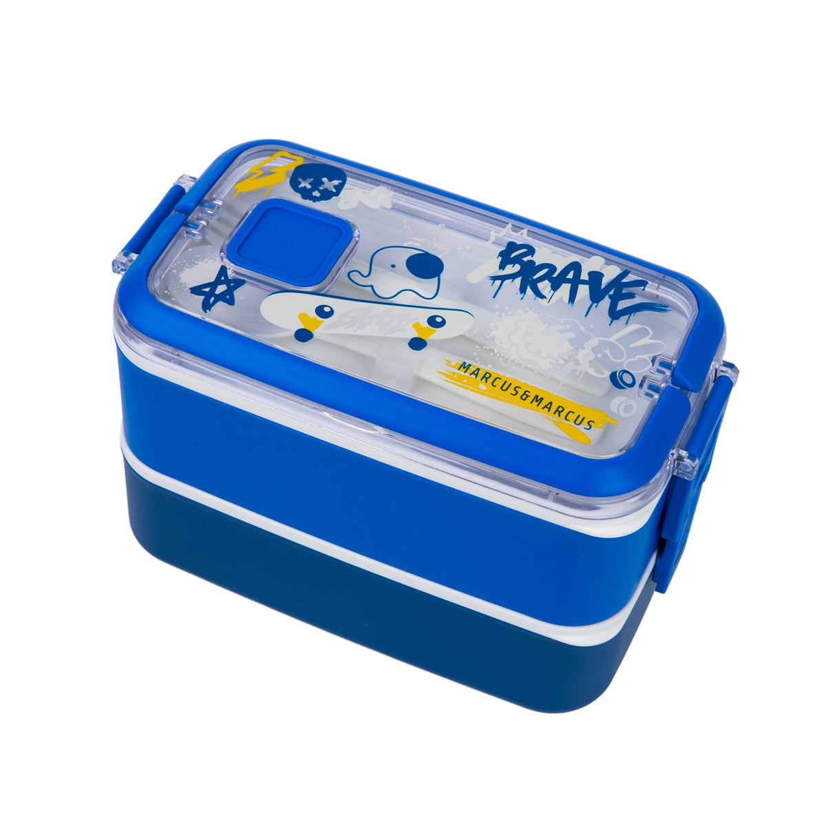 Marcus & Marcus  blue and navy double lunch box with a clear lid featuring cartoon graphics with skateboard including PP fork and spoon.