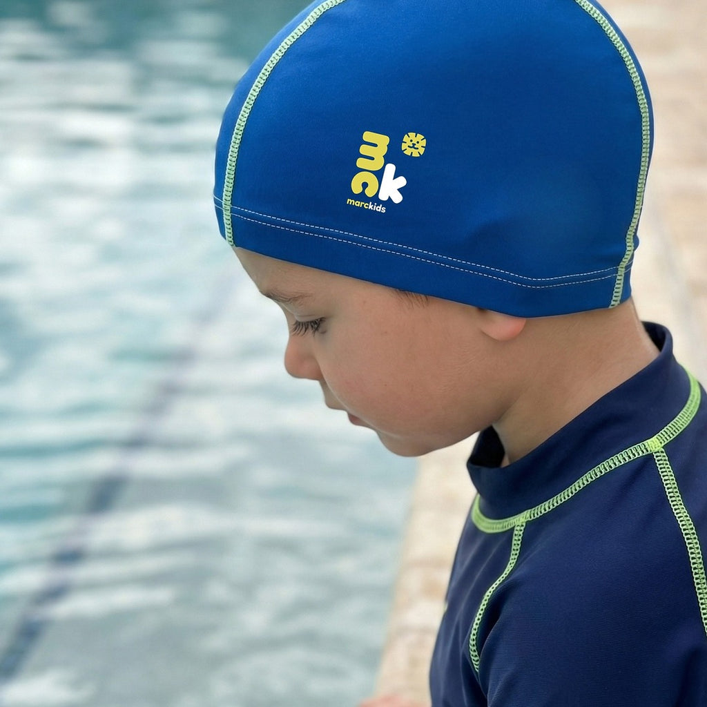 Marckids Kids Fabric Swim Cap (50–54 cm) – Soft Stretch Swim Hat for Children – Pink & Blue
