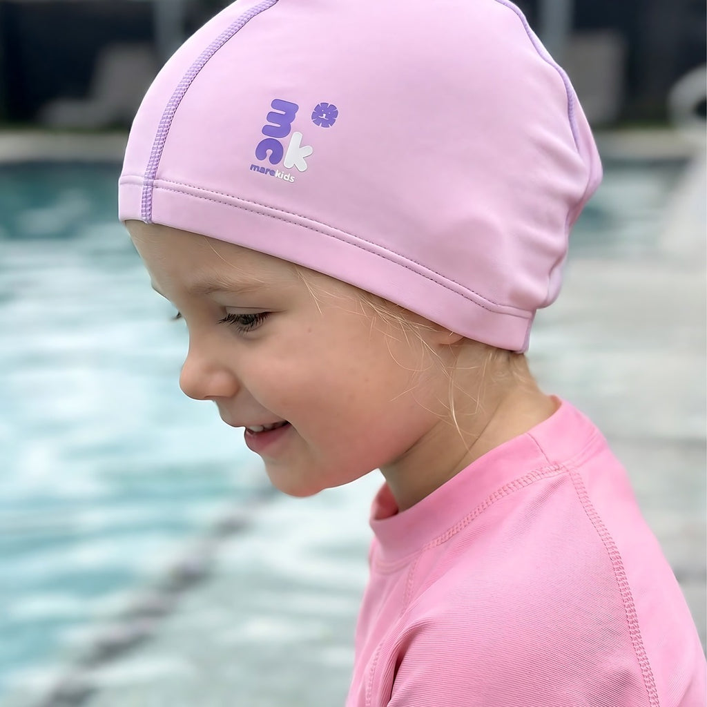 Marckids Kids Fabric Swim Cap (50–54 cm) – Soft Stretch Swim Hat for Children – Pink & Blue