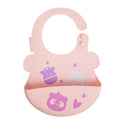 Marcus & Marcus pastel pink silicone baby bib with a wide mouth bowl, featuring cute purple and white cartoon animal prints and small heart details, shown on a solid white background.