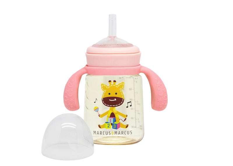 PPSU Baby bottle with pink handles and a cartoon character on a white background