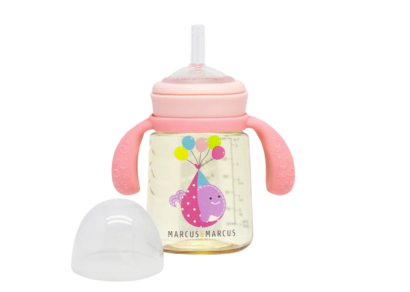 PPSU Baby sippy cup with pink handles and colorful design on a white background