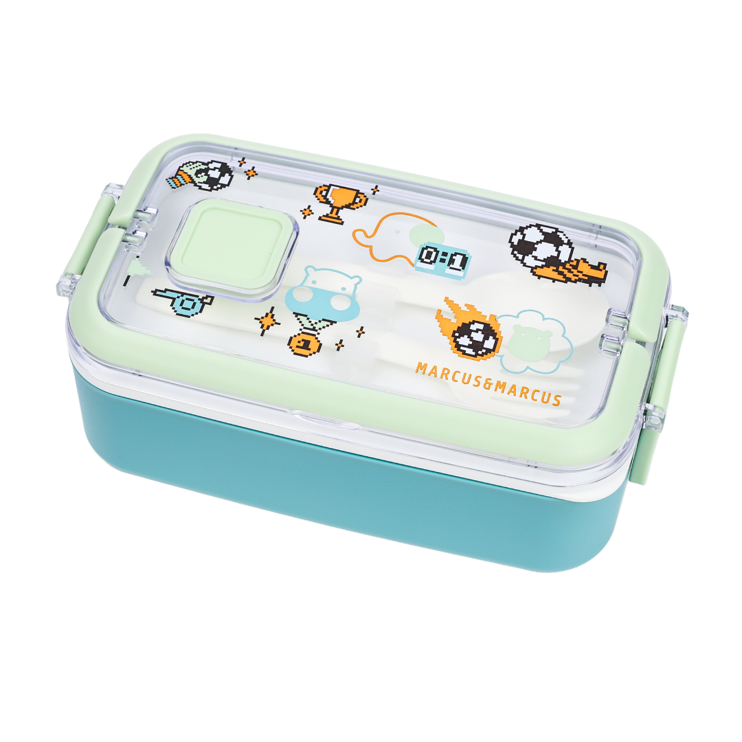 A rectangular lunch box with a mint green lid featuring soccer-themed cartoon graphics and the text 'MARCUS&MARCUS', paired with a teal-blue base.