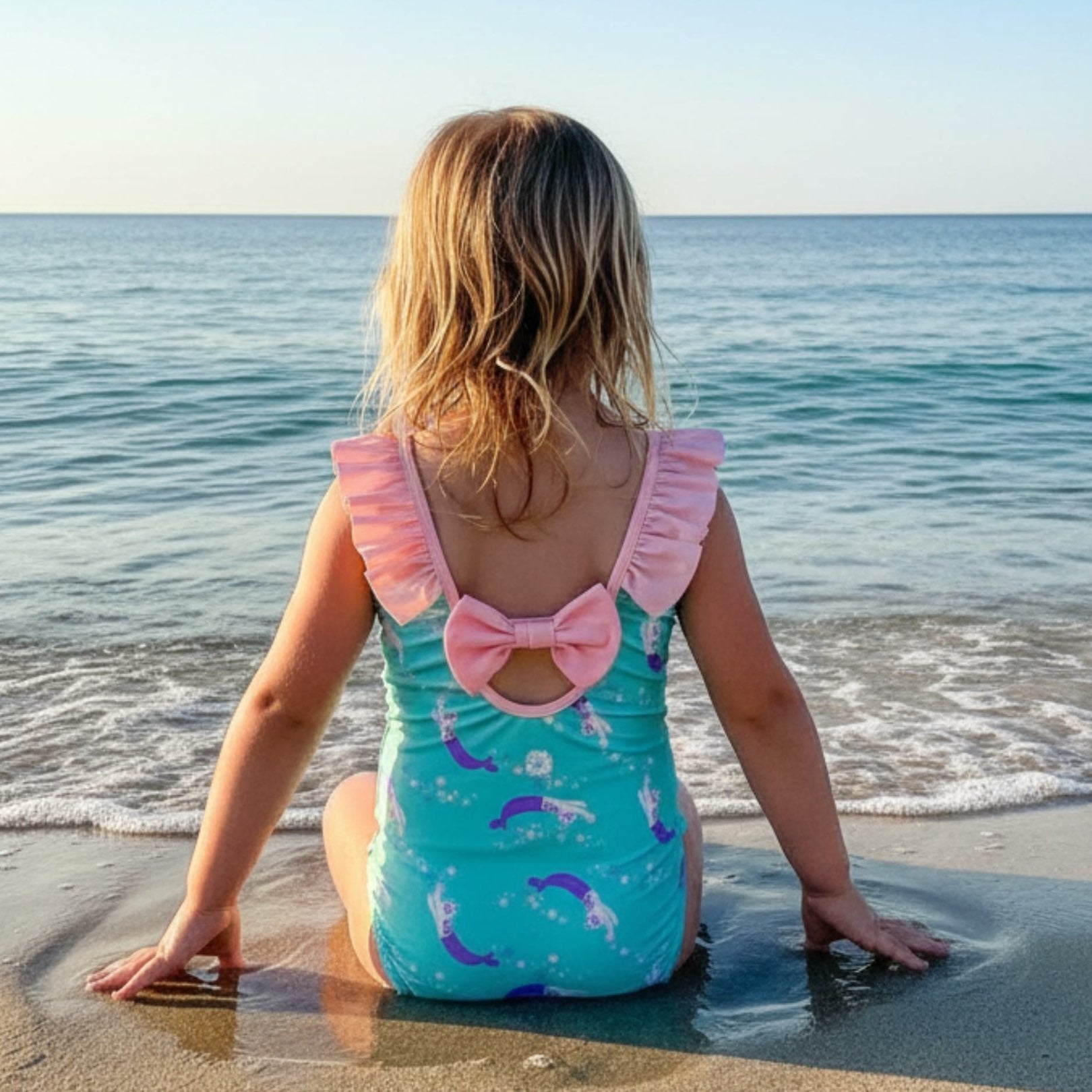 Child in a tiffany blue swimsuit with ruffled shoulders and mewomaid pattern sitting on the beach.