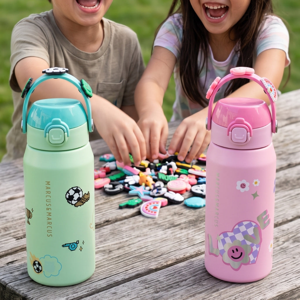 Two kids sitting at a wooden picnic table outdoors, smiling and playing with small colorful items. In the foreground, two insulated water bottles are shown: one mint green with a turquoise lid and handle, and one pink with a pink lid and handle.
