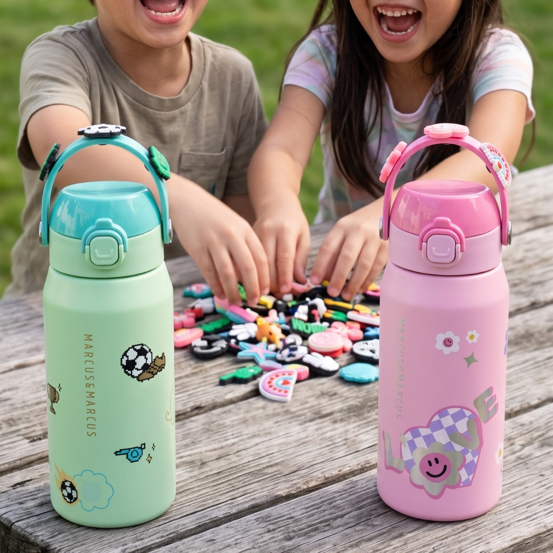 Two kids sitting at a wooden picnic table outdoors, smiling and playing with small colorful items. In the foreground, two insulated water bottles are shown: one mint green with a turquoise lid and handle, and one pink with a pink lid and handle.