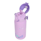 A light purple water bottle with a matching purple flip-top lid, decorated with a cute meowmaid and sea plant illustration near the bottom.