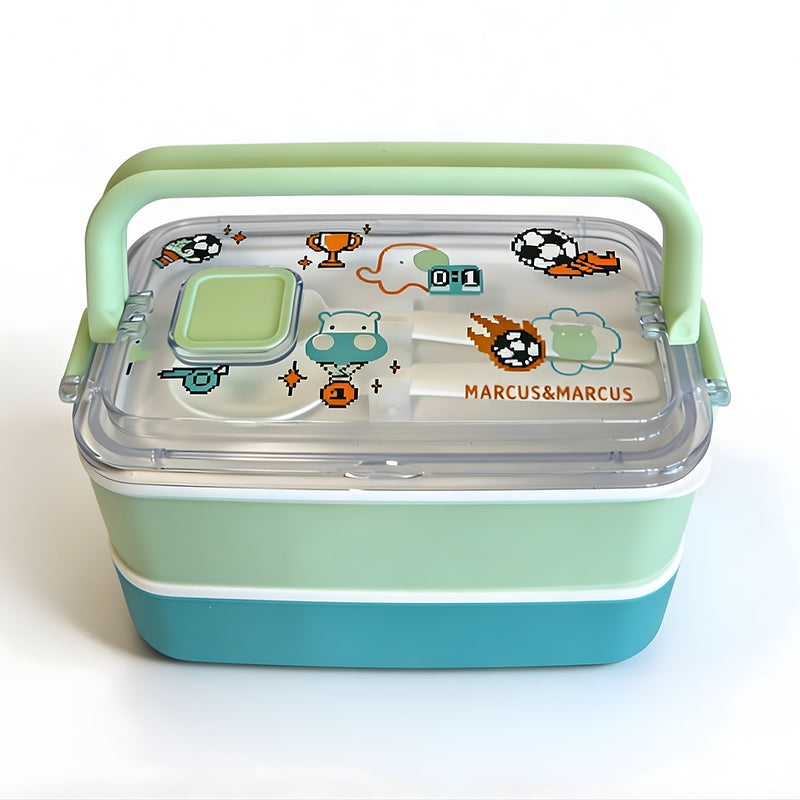 Green and blue bento box with football designs on a white background