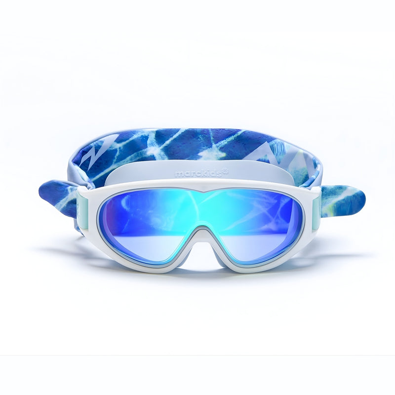 Fabric headband swim goggles with electric blue background