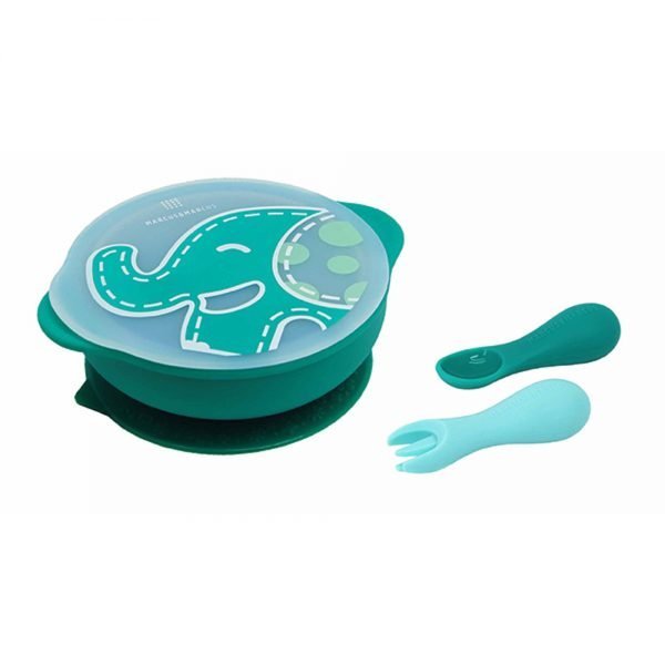 Marcus & Marcus Toddler First Self Feeding Set – Suction Bowl with Lid & Palm Grasp Spoon and Fork