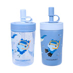 Marcus & Marcus water straw tumbler with cartoon shark graphics, one stainless steel and one PP