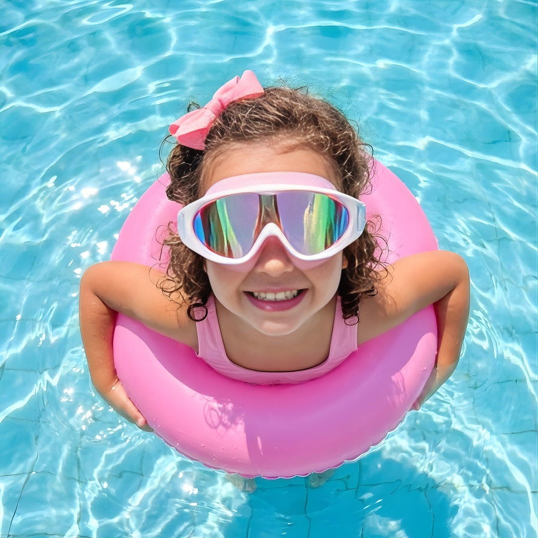 child wearing marckids swimming goggles